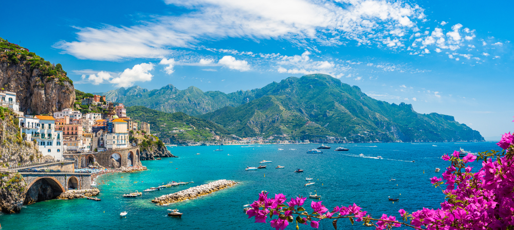 Must see places to visit, Landscape with Atrani town at famous amalfi coast, Italy