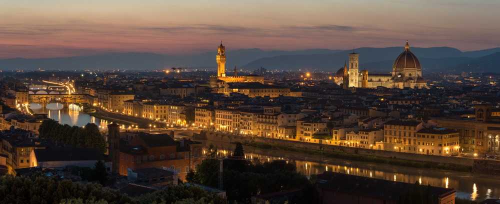 Beautiful sunset over Cathedral of Santa Maria del Fiore (Duomo). Place: Florence, Italy